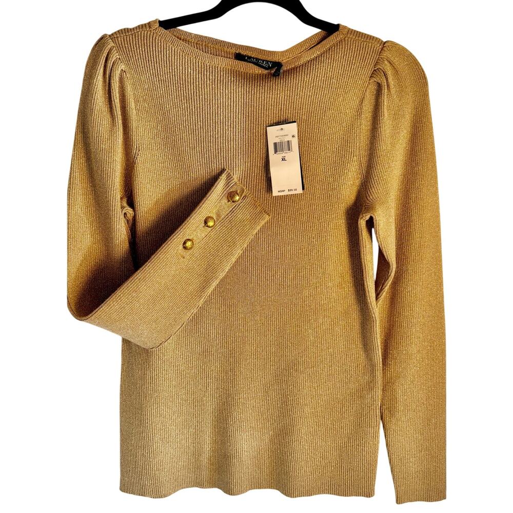 Lauren Ralph Lauren Women's gold sparkle sweater nwt $99.50 XL Gold crest button